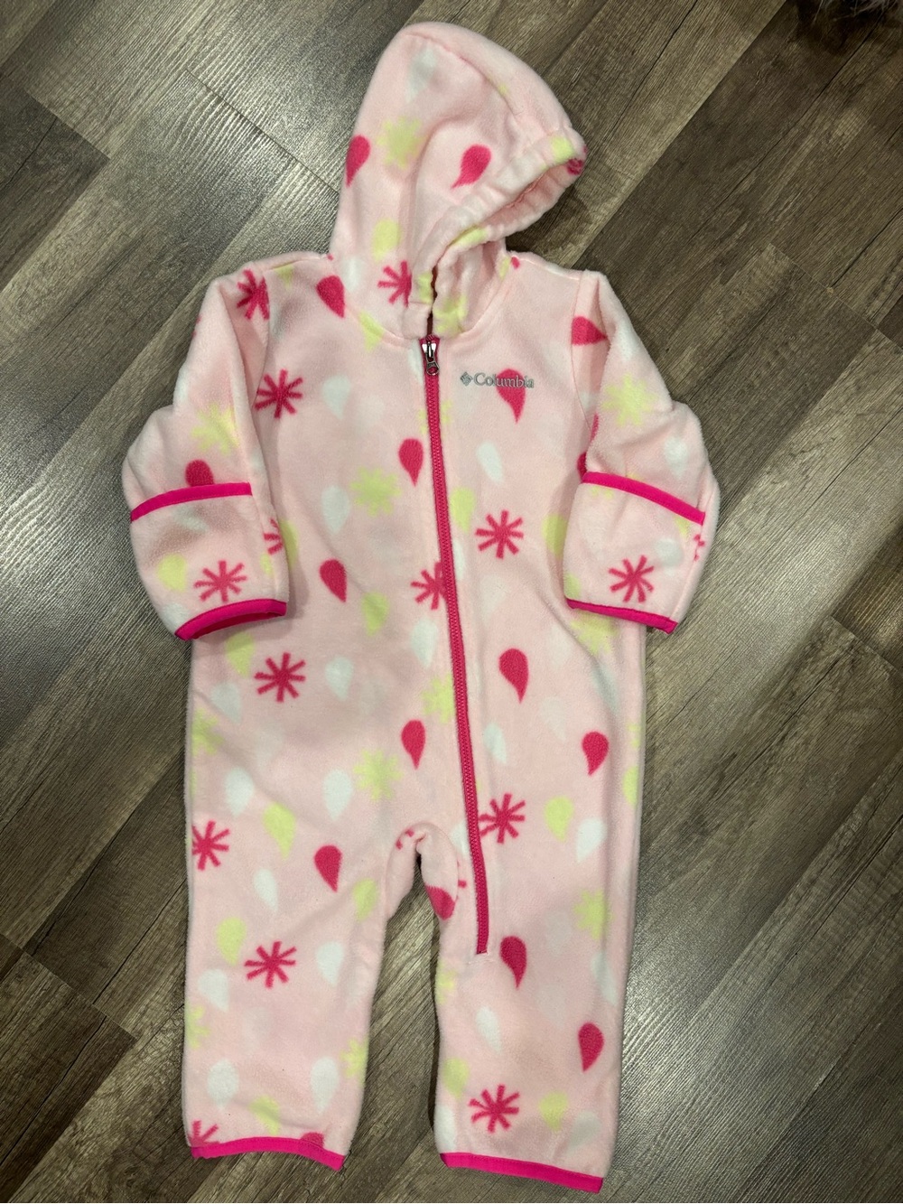 Columbia Pink Fleece Hooded Footie with Neon Accents